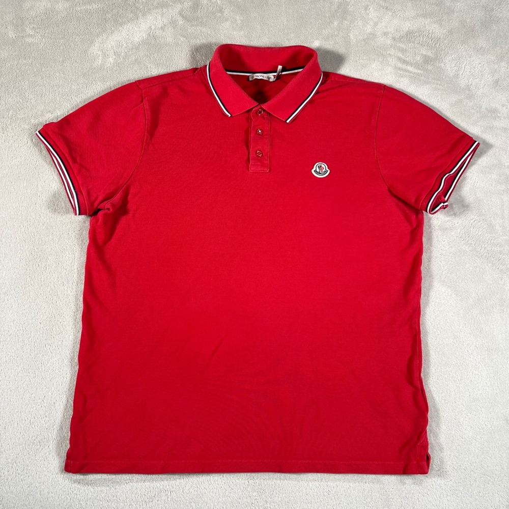 Moncler Polo Shirt Men's Size Large Red Tricolor Tipped Pique Logo Patch READ*